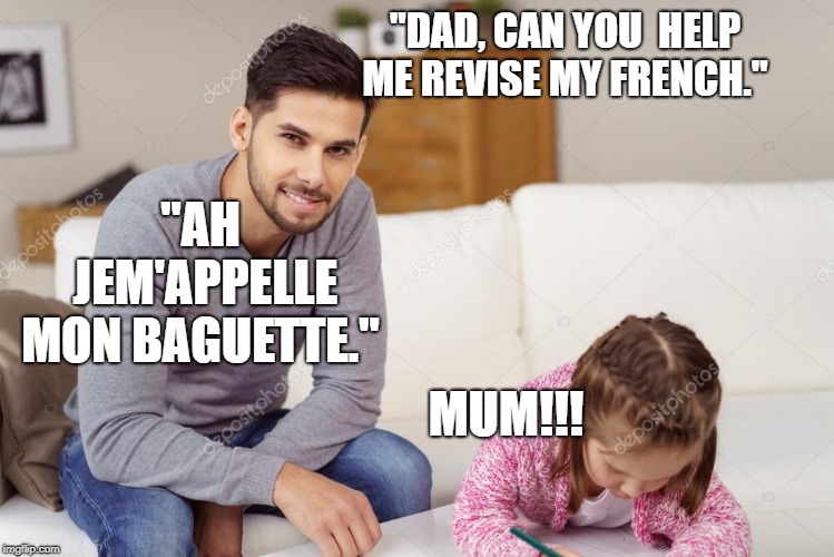 "DAD, CAN YOU  HELP ME REVISE MY FRENCH."; "AH JEM'APPELLE MON BAGUETTE."; MUM!!! | image tagged in french | made w/ Imgflip meme maker