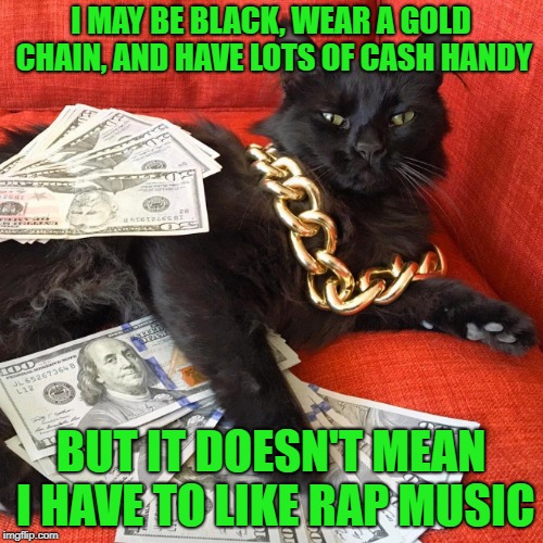 I MAY BE BLACK, WEAR A GOLD CHAIN, AND HAVE LOTS OF CASH HANDY BUT IT DOESN'T MEAN I HAVE TO LIKE RAP MUSIC | made w/ Imgflip meme maker