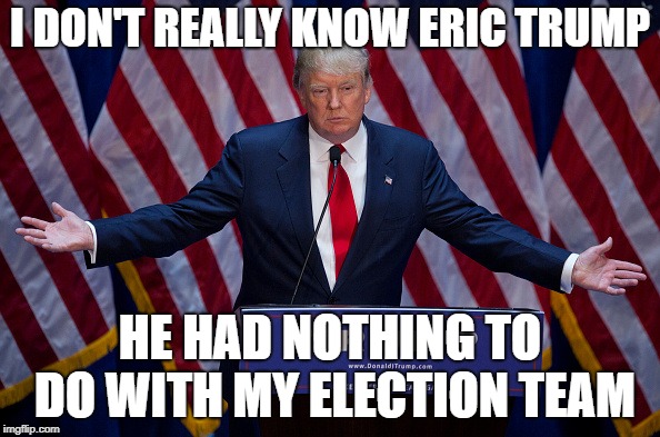 Donald Trump | I DON'T REALLY KNOW ERIC TRUMP; HE HAD NOTHING TO DO WITH MY ELECTION TEAM | image tagged in donald trump | made w/ Imgflip meme maker