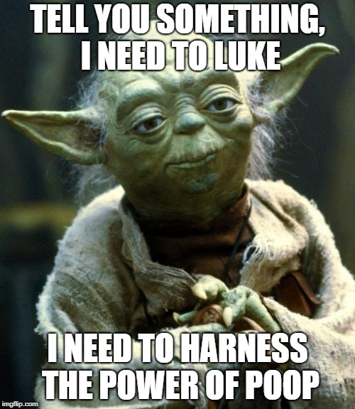 Star Wars Yoda | TELL YOU SOMETHING, I NEED TO LUKE; I NEED TO HARNESS THE POWER OF POOP | image tagged in memes,star wars yoda | made w/ Imgflip meme maker