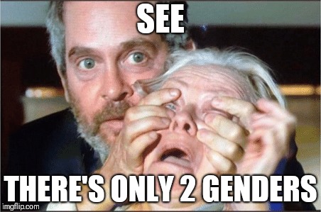 Bird box eyes open | SEE; THERE'S ONLY 2 GENDERS | image tagged in bird box eyes open | made w/ Imgflip meme maker