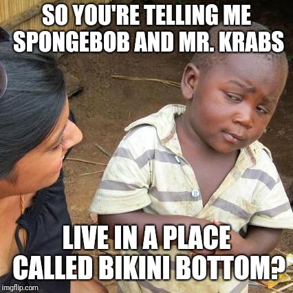 Third World Skeptical Kid | SO YOU'RE TELLING ME SPONGEBOB AND MR. KRABS; LIVE IN A PLACE CALLED BIKINI BOTTOM? | image tagged in memes,third world skeptical kid | made w/ Imgflip meme maker