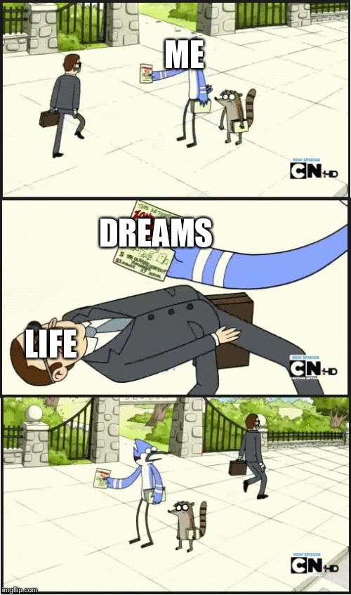 Me vs life | ME; DREAMS; LIFE | image tagged in regular show panflet,life,me,dreams | made w/ Imgflip meme maker