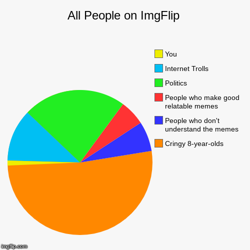 It's pretty true.... | All People on ImgFlip | Cringy 8-year-olds, People who don't understand the memes, People who make good relatable memes, Politics, Internet  | image tagged in funny,pie charts,stupid people | made w/ Imgflip chart maker