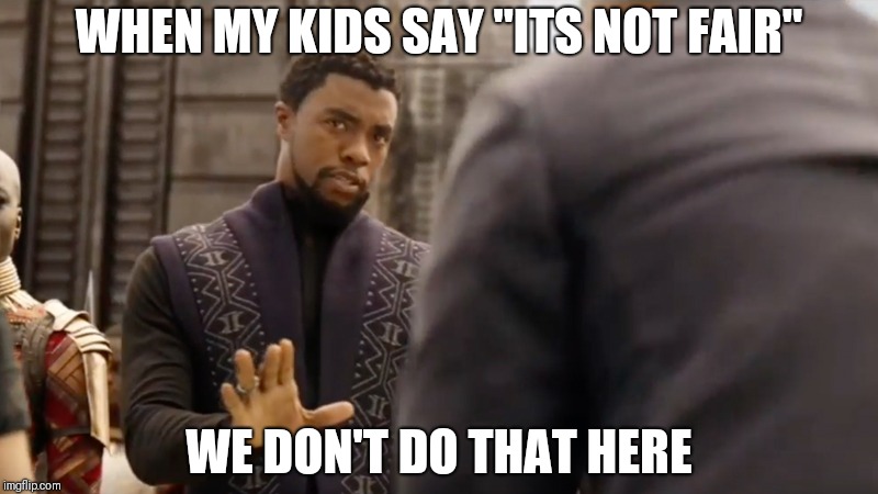 Life's not fair...deal with it | WHEN MY KIDS SAY "ITS NOT FAIR"; WE DON'T DO THAT HERE | image tagged in black panther | made w/ Imgflip meme maker