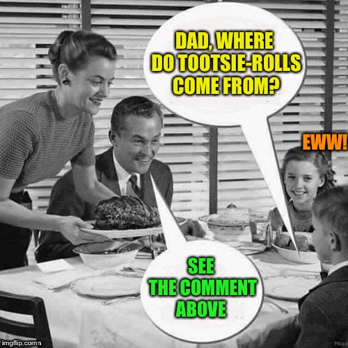 Vintage Family Dinner | DAD, WHERE DO TOOTSIE-ROLLS COME FROM? SEE THE COMMENT ABOVE EWW! | image tagged in vintage family dinner | made w/ Imgflip meme maker