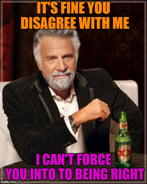 The Most Interesting Man In The World | IT'S FINE YOU DISAGREE WITH ME; I CAN'T FORCE YOU INTO TO BEING RIGHT | image tagged in memes,the most interesting man in the world,funny,fun,sarcasm,sarcastic | made w/ Imgflip meme maker