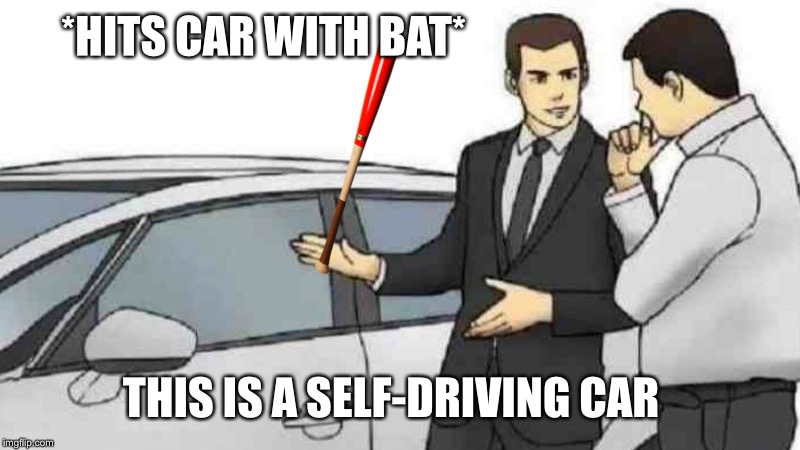 Everyone in Chandler Arizona | *HITS CAR WITH BAT*; THIS IS A SELF-DRIVING CAR | image tagged in memes,car salesman slaps roof of car | made w/ Imgflip meme maker