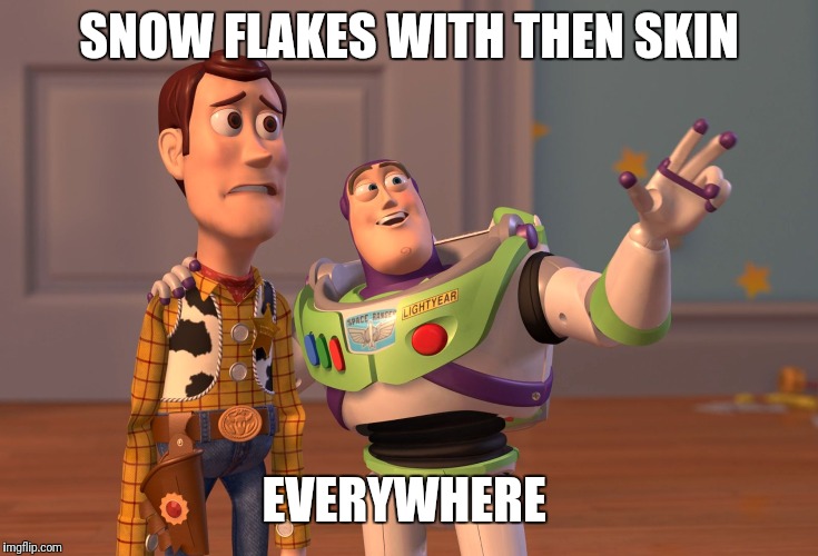 X, X Everywhere Meme | SNOW FLAKES WITH THEN SKIN EVERYWHERE | image tagged in memes,x x everywhere | made w/ Imgflip meme maker