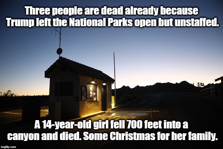 What does Trump care? They're not named Trump. | Three people are dead already because Trump left the National Parks open but unstaffed. A 14-year-old girl fell 700 feet into a canyon and died. Some Christmas for her family. | image tagged in trump,government shutdown,national parks,christmas,death | made w/ Imgflip meme maker