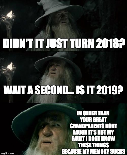 Confused Gandalf | DIDN'T IT JUST TURN 2018? WAIT A SECOND... IS IT 2019? IM OLDER THAN YOUR GREAT GRANDPARENTS DONT LAUGH IT'S NOT MY FAULT I DONT KNOW THESE THINGS BECAUSE MY MEMORY SUCKS | image tagged in memes,confused gandalf | made w/ Imgflip meme maker