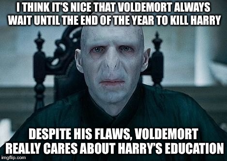 Lord Voldemort | I THINK IT’S NICE THAT VOLDEMORT ALWAYS WAIT UNTIL THE END OF THE YEAR TO KILL HARRY; DESPITE HIS FLAWS, VOLDEMORT REALLY CARES ABOUT HARRY’S EDUCATION | image tagged in lord voldemort | made w/ Imgflip meme maker