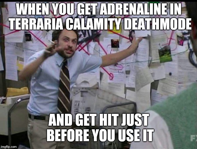 Trying to explain | WHEN YOU GET ADRENALINE IN  TERRARIA CALAMITY DEATHMODE; AND GET HIT JUST BEFORE YOU USE IT | image tagged in trying to explain | made w/ Imgflip meme maker