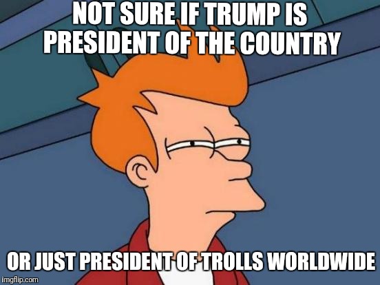 The biggest troll of all time | NOT SURE IF TRUMP IS PRESIDENT OF THE COUNTRY; OR JUST PRESIDENT OF TROLLS WORLDWIDE | image tagged in memes,futurama fry,trump,troll,president | made w/ Imgflip meme maker