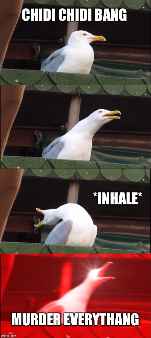 Inhaling Seagull | CHIDI CHIDI BANG; *INHALE*; MURDER EVERYTHANG | image tagged in memes,inhaling seagull | made w/ Imgflip meme maker