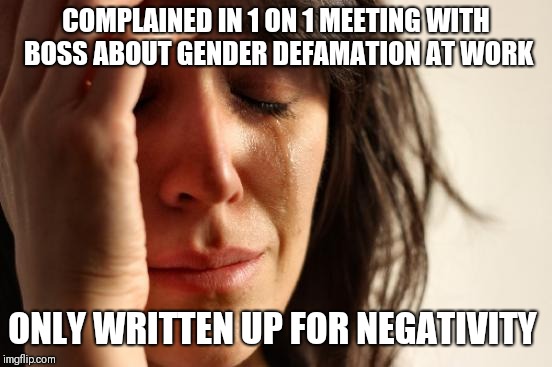 First World Problems Meme | COMPLAINED IN 1 ON 1 MEETING WITH BOSS ABOUT GENDER DEFAMATION AT WORK; ONLY WRITTEN UP FOR NEGATIVITY | image tagged in memes,first world problems | made w/ Imgflip meme maker