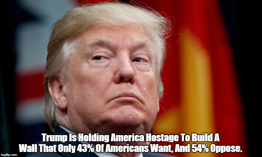 "Trump Holds America Hostage To Force Construction Of An Unpopular Wall" | Trump Is Holding America Hostage To Build A Wall That Only 43% Of Americans Want, And 54% Oppose. | image tagged in trump' unpopular wall,deplorable donald,despicable donald,devious donald,dishonorable donald,deceptive donald | made w/ Imgflip meme maker