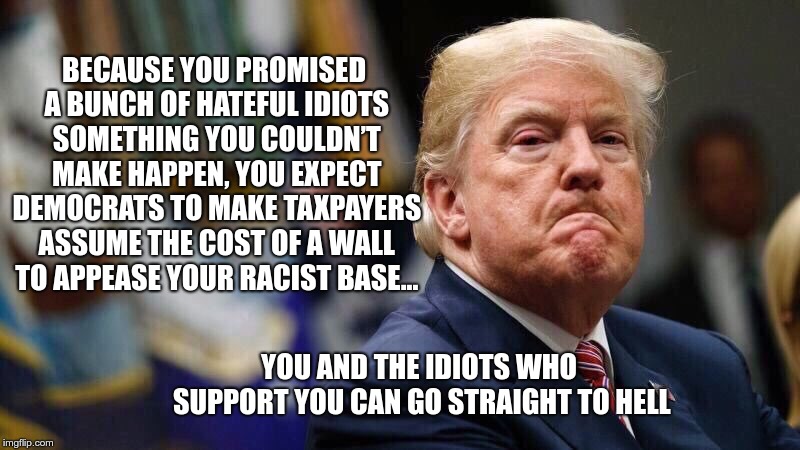 Hate Base | BECAUSE YOU PROMISED A BUNCH OF HATEFUL IDIOTS SOMETHING YOU COULDN’T MAKE HAPPEN, YOU EXPECT DEMOCRATS TO MAKE TAXPAYERS ASSUME THE COST OF A WALL TO APPEASE YOUR RACIST BASE... YOU AND THE IDIOTS WHO SUPPORT YOU CAN GO STRAIGHT TO HELL | image tagged in trump,wall,fear,hate,greed,republican | made w/ Imgflip meme maker