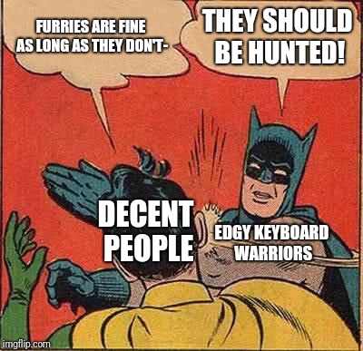 Batman Slapping Robin Meme | FURRIES ARE FINE AS LONG AS THEY DON'T-; THEY SHOULD BE HUNTED! DECENT PEOPLE; EDGY KEYBOARD WARRIORS | image tagged in memes,batman slapping robin | made w/ Imgflip meme maker