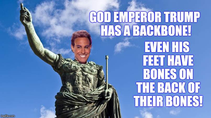 Hunger Games - Caesar Flickerman (S Tucci) Statue of Caesar | GOD EMPEROR TRUMP   HAS A BACKBONE! EVEN HIS FEET HAVE BONES ON THE BACK OF THEIR BONES! | image tagged in hunger games - caesar flickerman s tucci statue of caesar | made w/ Imgflip meme maker