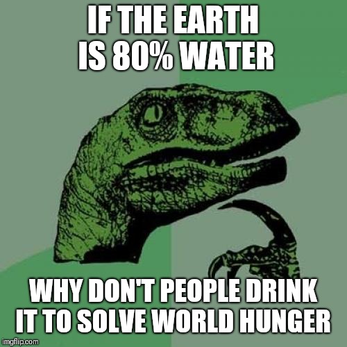 Philosoraptor | IF THE EARTH IS 80% WATER; WHY DON'T PEOPLE DRINK IT TO SOLVE WORLD HUNGER | image tagged in memes,philosoraptor | made w/ Imgflip meme maker