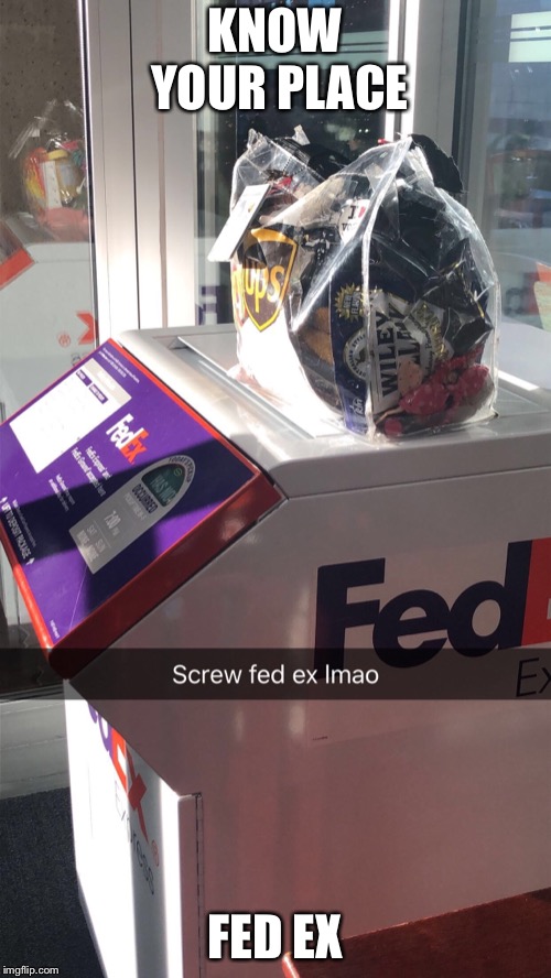 UPS | KNOW YOUR PLACE; FED EX | image tagged in ups,funny memes,fedex,usps,work | made w/ Imgflip meme maker