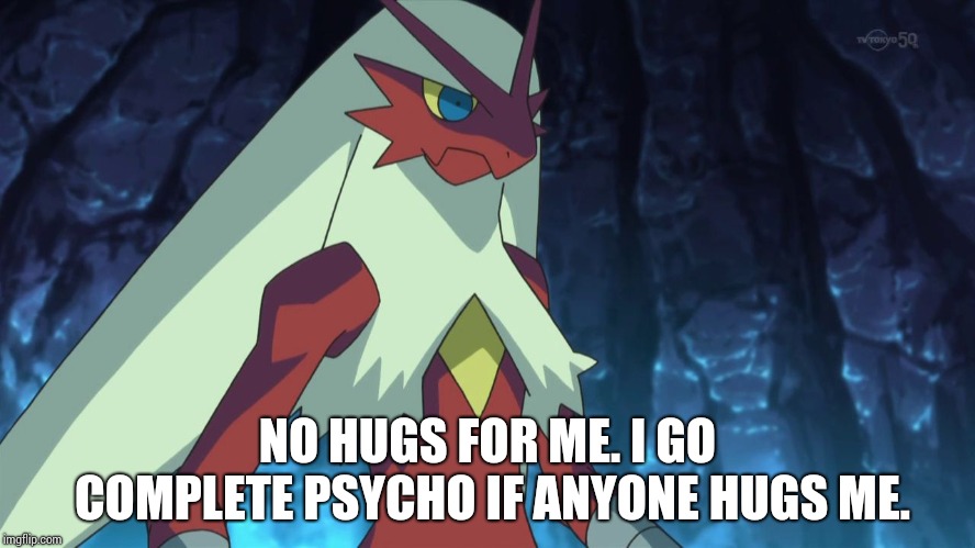blaziken | NO HUGS FOR ME. I GO COMPLETE PSYCHO IF ANYONE HUGS ME. | image tagged in blaziken | made w/ Imgflip meme maker