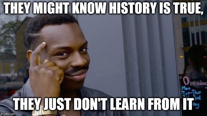 Roll Safe Think About It Meme | THEY MIGHT KNOW HISTORY IS TRUE, THEY JUST DON'T LEARN FROM IT | image tagged in memes,roll safe think about it | made w/ Imgflip meme maker