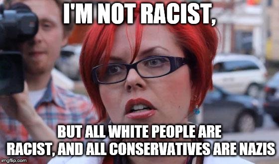 Angry Feminist | I'M NOT RACIST, BUT ALL WHITE PEOPLE ARE RACIST, AND ALL CONSERVATIVES ARE NAZIS | image tagged in angry feminist | made w/ Imgflip meme maker