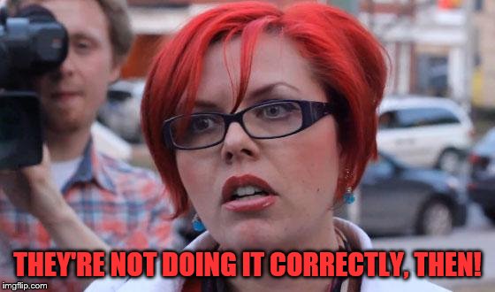 Angry Feminist | THEY'RE NOT DOING IT CORRECTLY, THEN! | image tagged in angry feminist | made w/ Imgflip meme maker