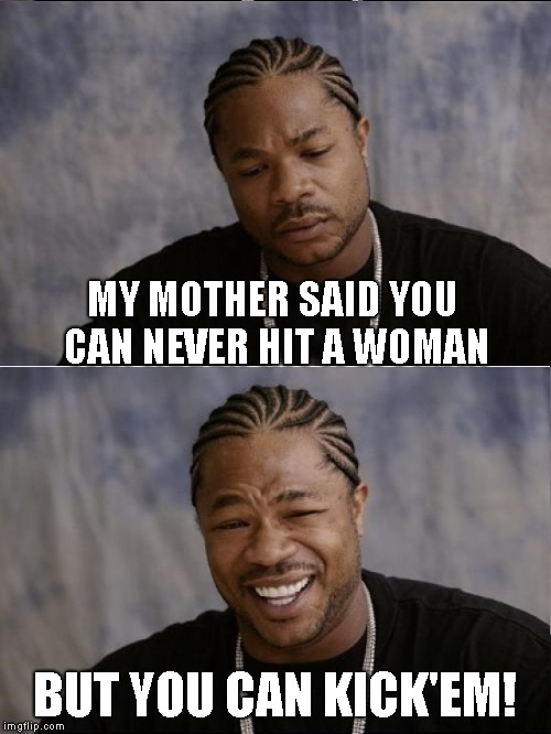 xzibit sad then happy | MY MOTHER SAID YOU CAN NEVER HIT A WOMAN BUT YOU CAN KICK'EM! | image tagged in xzibit sad then happy | made w/ Imgflip meme maker