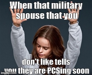 Praise Jesus | When that military spouse that you; don't like tells you they are PCSing soon | image tagged in praise jesus | made w/ Imgflip meme maker
