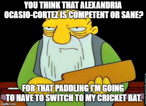 That's a paddlin' Meme | YOU THINK THAT ALEXANDRIA OCASIO-CORTEZ IS COMPETENT OR SANE? FOR THAT PADDLING I'M GOING TO HAVE TO SWITCH TO MY CRICKET BAT. | image tagged in memes,that's a paddlin' | made w/ Imgflip meme maker