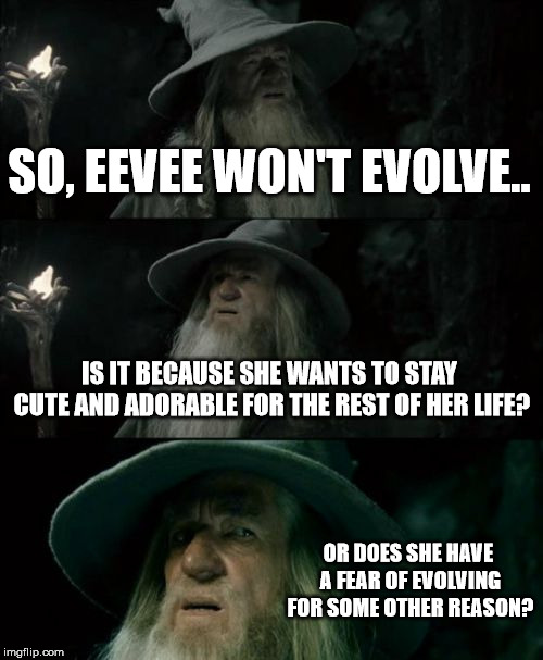This is..somewhat surprisingly relevent now...? | SO, EEVEE WON'T EVOLVE.. IS IT BECAUSE SHE WANTS TO STAY CUTE AND ADORABLE FOR THE REST OF HER LIFE? OR DOES SHE HAVE A FEAR OF EVOLVING FOR SOME OTHER REASON? | image tagged in memes,confused gandalf,eevee,pokemon journeys | made w/ Imgflip meme maker
