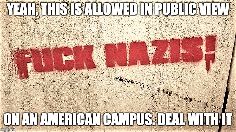 Fuck Nazis | YEAH, THIS IS ALLOWED IN PUBLIC VIEW ON AN AMERICAN CAMPUS. DEAL WITH IT | image tagged in fuck nazis | made w/ Imgflip meme maker