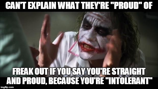 And everybody loses their minds | CAN'T EXPLAIN WHAT THEY'RE "PROUD" OF; FREAK OUT IF YOU SAY YOU'RE STRAIGHT AND PROUD, BECAUSE YOU'RE "INTOLERANT" | image tagged in memes,and everybody loses their minds | made w/ Imgflip meme maker