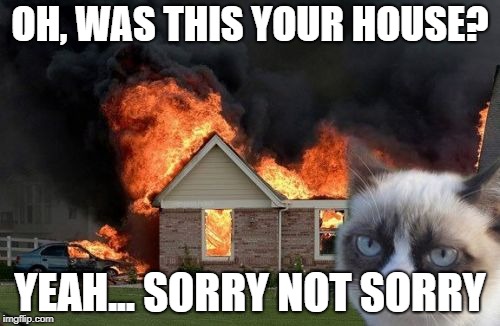 Burn Kitty Meme | OH, WAS THIS YOUR HOUSE? YEAH... SORRY NOT SORRY | image tagged in memes,burn kitty,grumpy cat | made w/ Imgflip meme maker