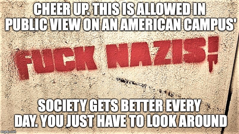 Fuck Nazis | CHEER UP. THIS IS ALLOWED IN PUBLIC VIEW ON AN AMERICAN CAMPUS' SOCIETY GETS BETTER EVERY DAY. YOU JUST HAVE TO LOOK AROUND | image tagged in fuck nazis | made w/ Imgflip meme maker