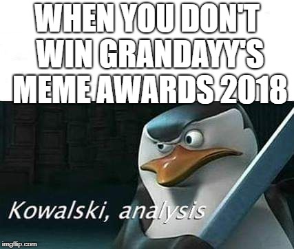 kowalski, analysis | WHEN YOU DON'T WIN GRANDAYY'S MEME AWARDS 2018 | image tagged in kowalski analysis | made w/ Imgflip meme maker