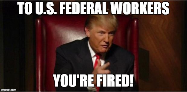 The Family Destroyer in Chief | TO U.S. FEDERAL WORKERS; YOU'RE FIRED! | image tagged in you're fired,dump trump,impeach trump,government shutdown | made w/ Imgflip meme maker