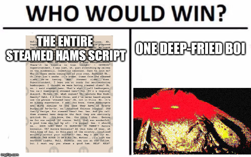 Who Would Win? Meme | THE ENTIRE STEAMED HAMS SCRIPT; ONE DEEP-FRIED BOI | image tagged in memes,who would win | made w/ Imgflip meme maker