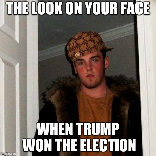 Scumbag Steve | THE LOOK ON YOUR FACE; WHEN TRUMP WON THE ELECTION | image tagged in memes,scumbag steve | made w/ Imgflip meme maker