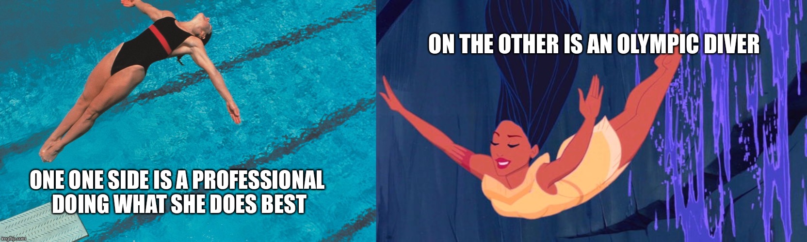 ON THE OTHER IS AN OLYMPIC DIVER; ONE ONE SIDE IS A PROFESSIONAL DOING WHAT SHE DOES BEST | image tagged in disney,olympics,pocahontas | made w/ Imgflip meme maker