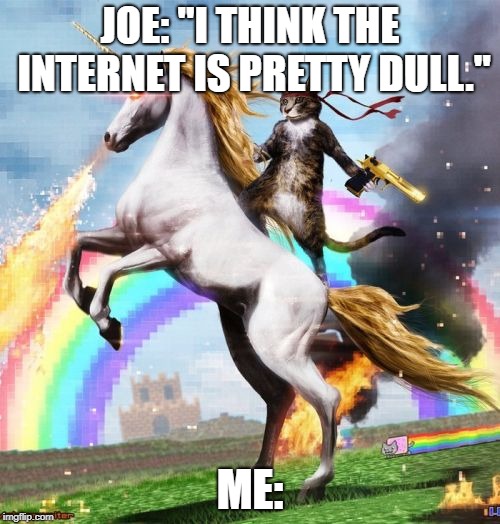 Welcome To The Internets | JOE: "I THINK THE INTERNET IS PRETTY DULL."; ME: | image tagged in memes,welcome to the internets | made w/ Imgflip meme maker