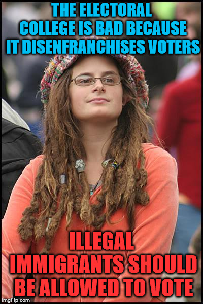 College Liberal Meme | THE ELECTORAL COLLEGE IS BAD BECAUSE IT DISENFRANCHISES VOTERS; ILLEGAL IMMIGRANTS SHOULD BE ALLOWED TO VOTE | image tagged in memes,college liberal | made w/ Imgflip meme maker