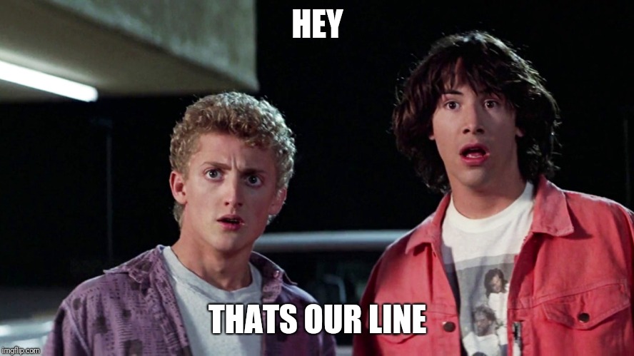 Bill and ted | HEY THATS OUR LINE | image tagged in bill and ted | made w/ Imgflip meme maker
