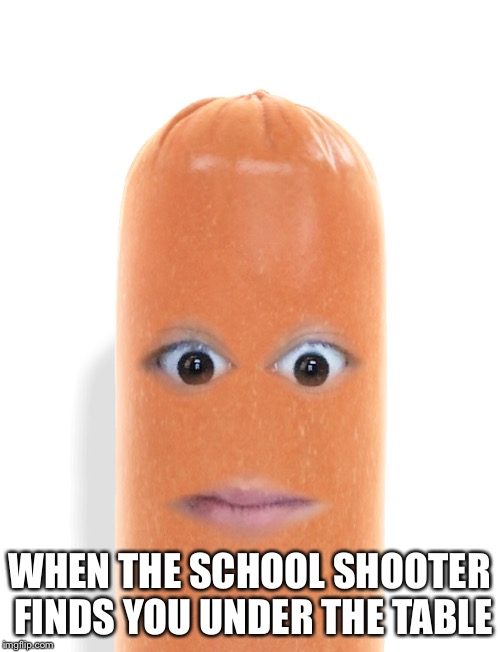 Hottie Dog | WHEN THE SCHOOL SHOOTER FINDS YOU UNDER THE TABLE | image tagged in hottie dog | made w/ Imgflip meme maker