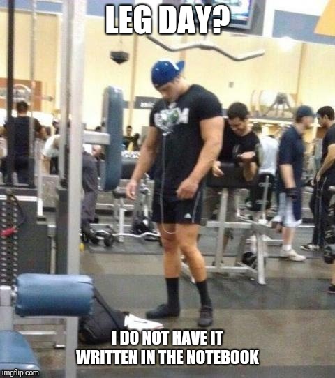 LEG DAY? I DO NOT HAVE IT WRITTEN IN THE NOTEBOOK | image tagged in guy skip leg day | made w/ Imgflip meme maker