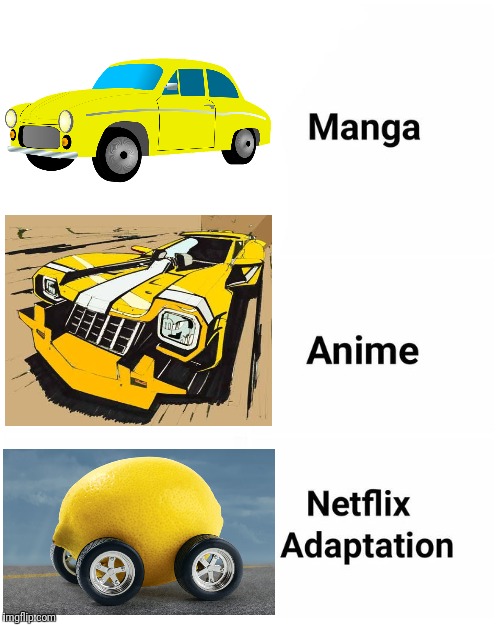 Manga, anime, lemon car!!!!! | image tagged in manga anime netflix adaption,lemon car,memes | made w/ Imgflip meme maker