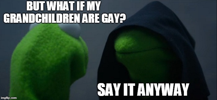Evil Kermit Meme | BUT WHAT IF MY GRANDCHILDREN ARE GAY? SAY IT ANYWAY | image tagged in memes,evil kermit | made w/ Imgflip meme maker